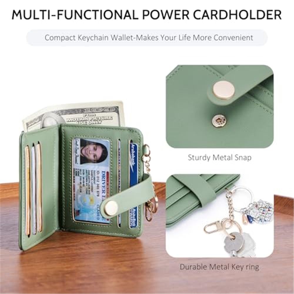 Slim Wallet for Women,Blocking Bifold Credit Card Holder with Zipper Coin Pocket,ID Window,Keychain（Green） - Image 3