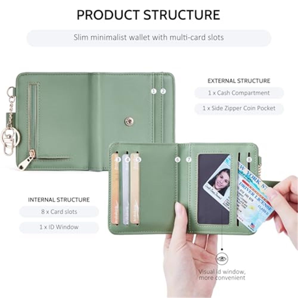 Slim Wallet for Women,Blocking Bifold Credit Card Holder with Zipper Coin Pocket,ID Window,Keychain（Green） - Image 4