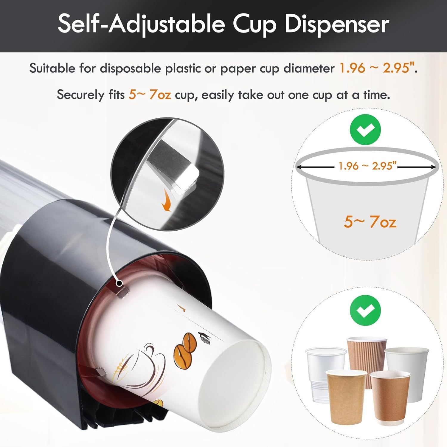 Cup Dispenser, Water Cooler Pull Type Cup Holder Fits 5oz - 7oz Cone or Flat Bottom Cups,14