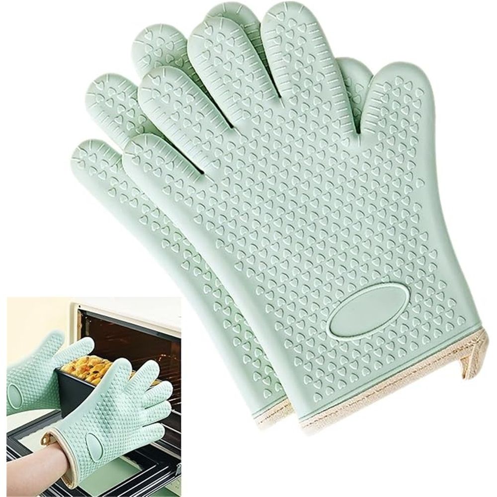 1 pair Silicone Oven Mitts Heat Resistant ,Waterproof & Non-Slip Oven Gloves with Fingers,Cotton Lined Silicone Oven Gloves Kitchen Mitts for Baking Cooking Barbecue,Women (Green) - Image 1