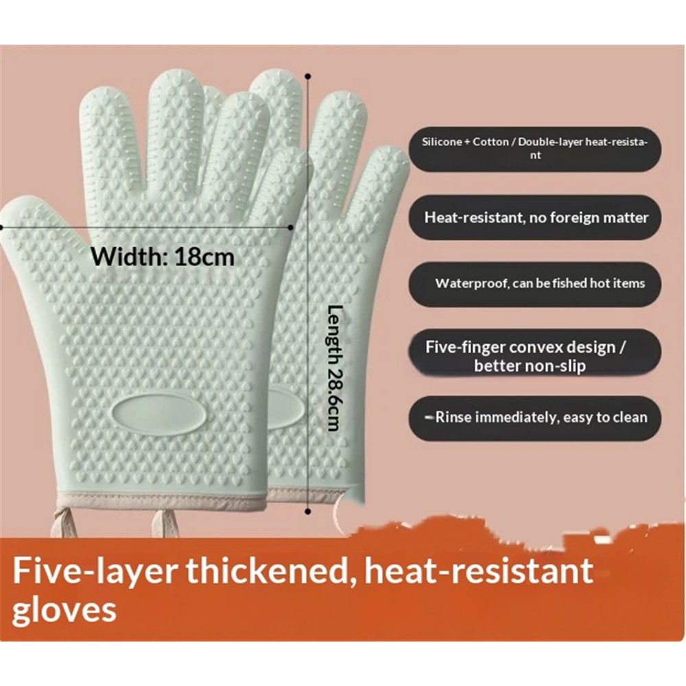 1 pair Silicone Oven Mitts Heat Resistant ,Waterproof & Non-Slip Oven Gloves with Fingers,Cotton Lined Silicone Oven Gloves Kitchen Mitts for Baking Cooking Barbecue,Women (Green) - Image 2