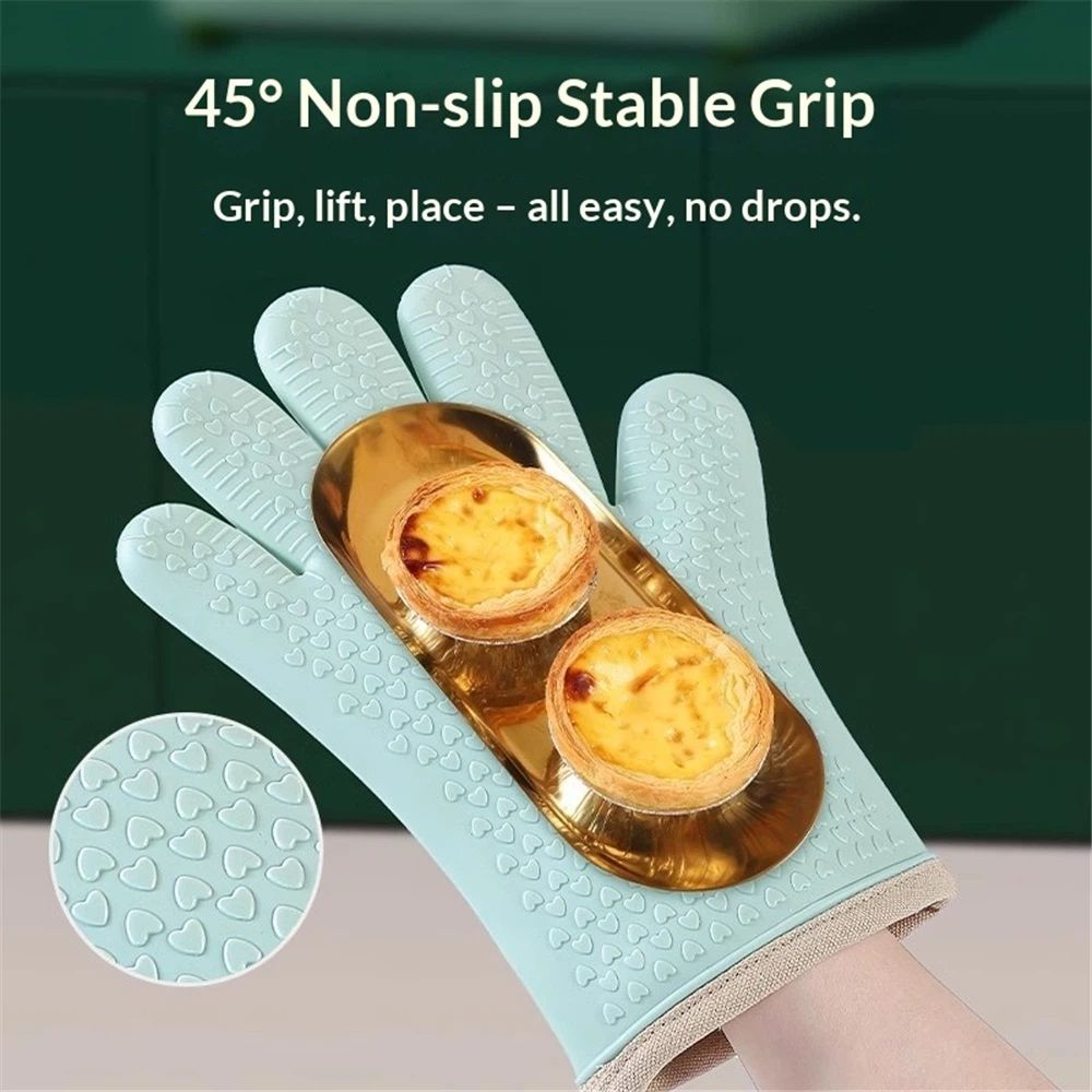 1 pair Silicone Oven Mitts Heat Resistant ,Waterproof & Non-Slip Oven Gloves with Fingers,Cotton Lined Silicone Oven Gloves Kitchen Mitts for Baking Cooking Barbecue,Women (Green) - Image 3