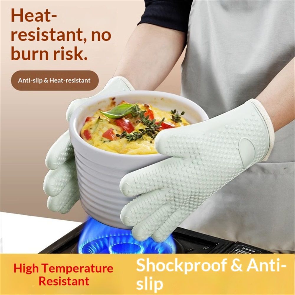 1 pair Silicone Oven Mitts Heat Resistant ,Waterproof & Non-Slip Oven Gloves with Fingers,Cotton Lined Silicone Oven Gloves Kitchen Mitts for Baking Cooking Barbecue,Women (Green) - Image 4