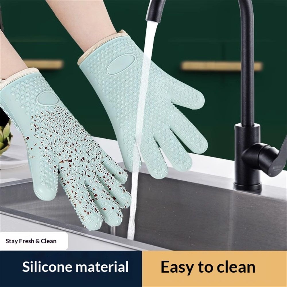 1 pair Silicone Oven Mitts Heat Resistant ,Waterproof & Non-Slip Oven Gloves with Fingers,Cotton Lined Silicone Oven Gloves Kitchen Mitts for Baking Cooking Barbecue,Women (Green) - Image 5