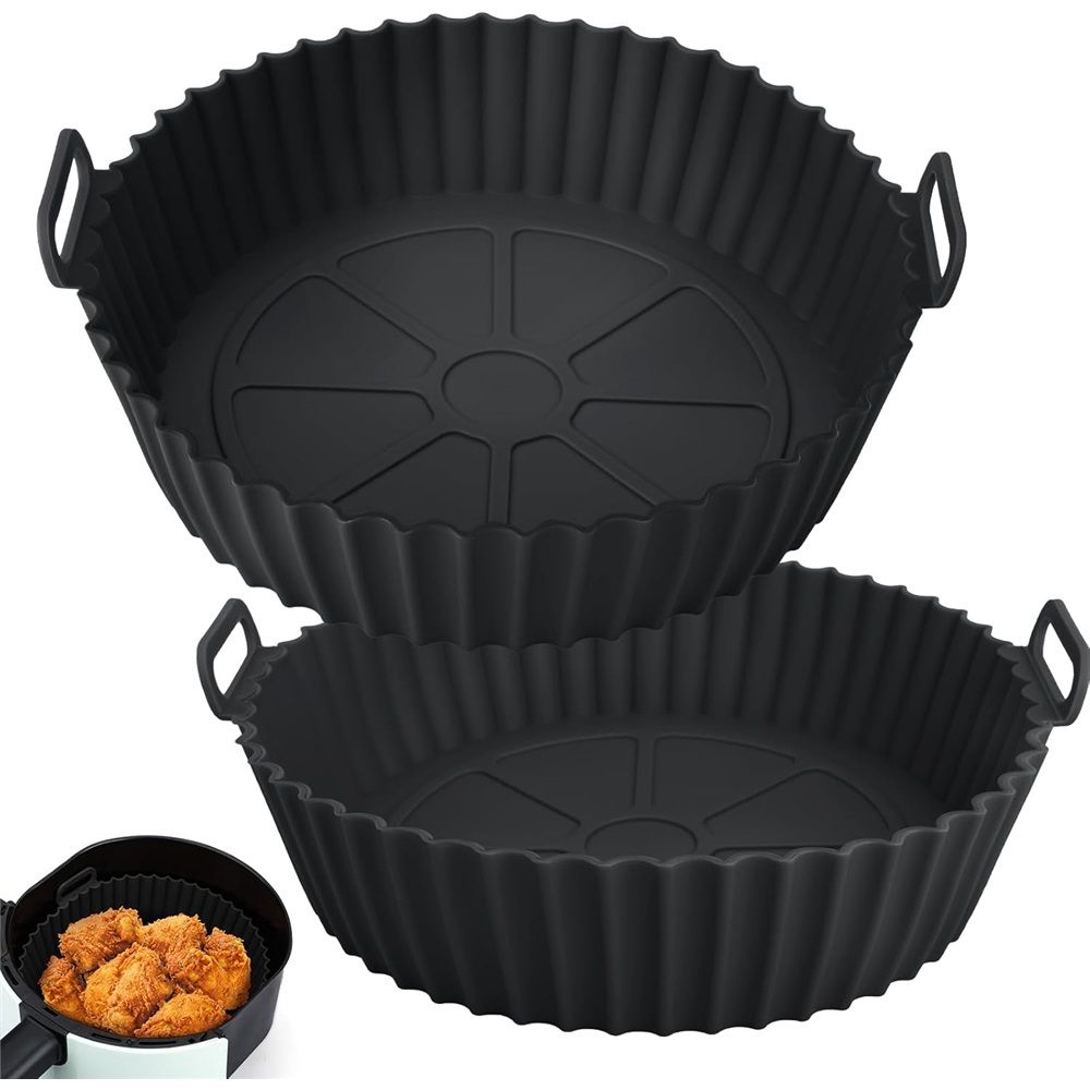Silicone Air Fryer Liner 2 Pack, 8 inch Non-Stick Reusable Air Fryer Liners for Square and Round Basket, Airfryer Silicone Pot Baking Tray Oven Microwave Accessories, black - Image 1