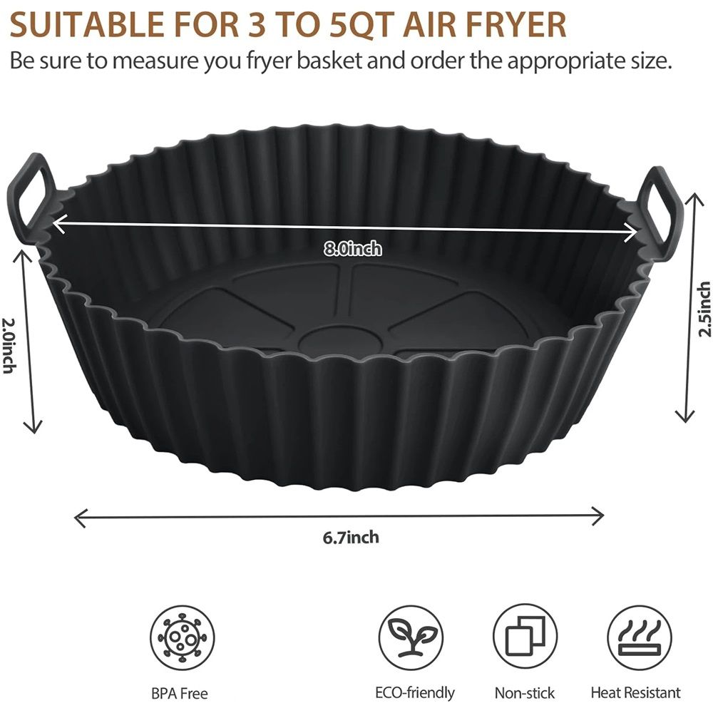 Silicone Air Fryer Liner 2 Pack, 8 inch Non-Stick Reusable Air Fryer Liners for Square and Round Basket, Airfryer Silicone Pot Baking Tray Oven Microwave Accessories, black - Image 3