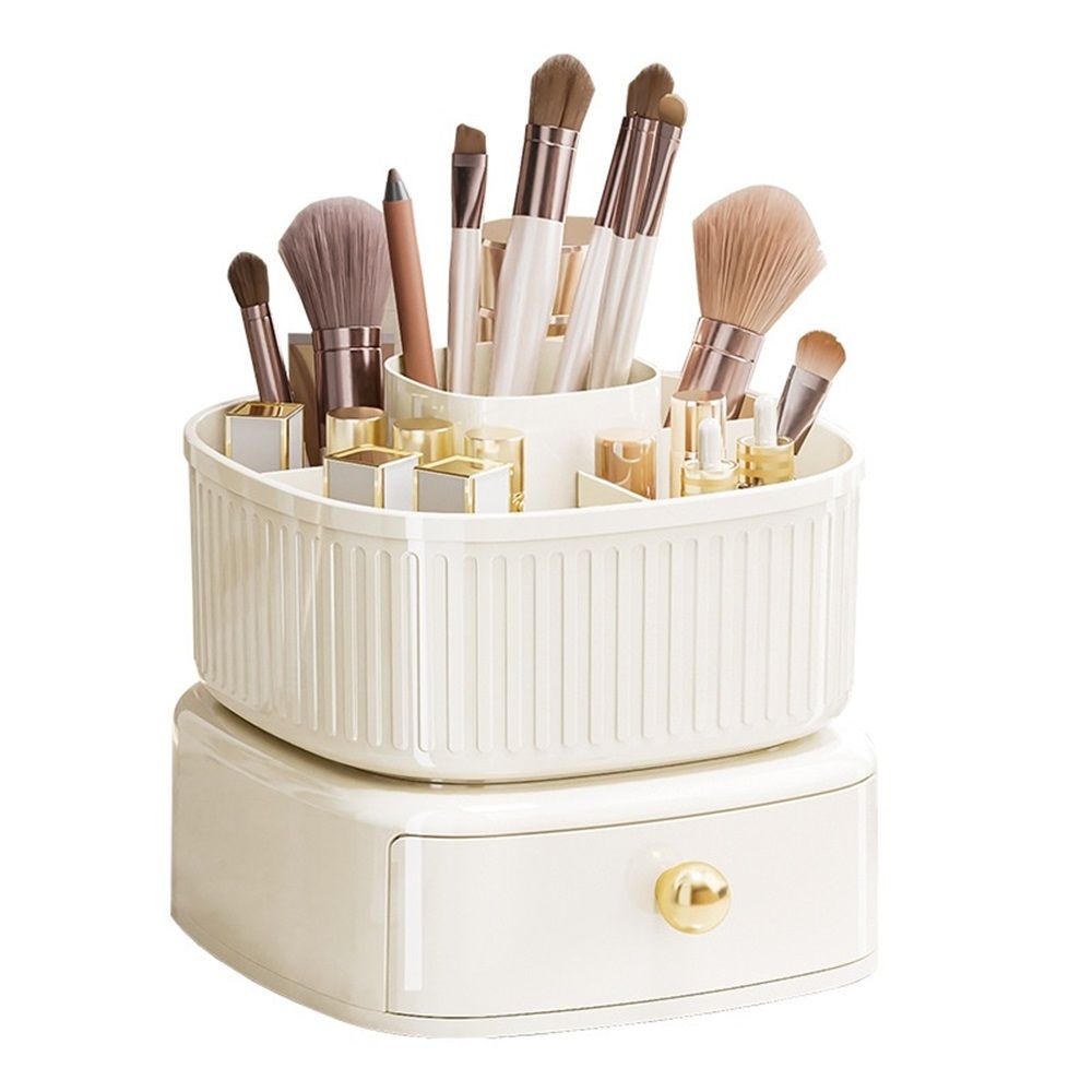 360 Degree Rotatable Pen Holder with Drawer, 5 Slots Office Desk Organizer Pen Holder for Desk Multi-Functional Pencil Box Desktop Stationary Organizer（milky white,Only makeup box available） - Image 1