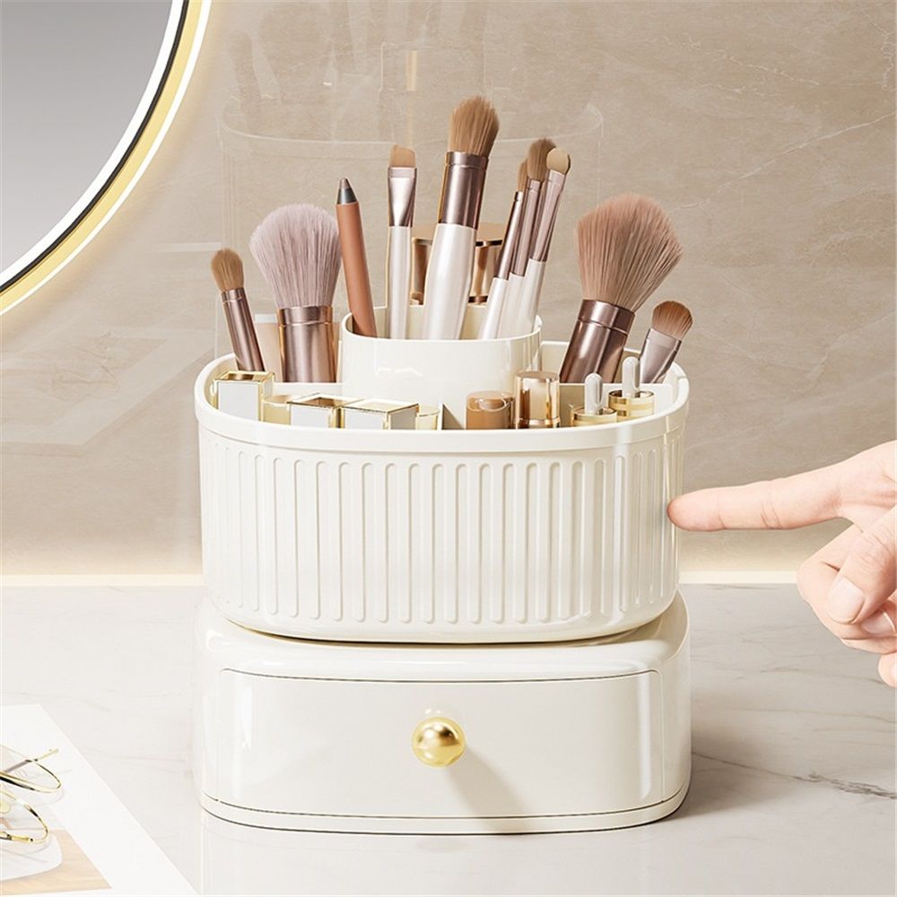 360 Degree Rotatable Pen Holder with Drawer, 5 Slots Office Desk Organizer Pen Holder for Desk Multi-Functional Pencil Box Desktop Stationary Organizer（milky white,Only makeup box available） - Image 2