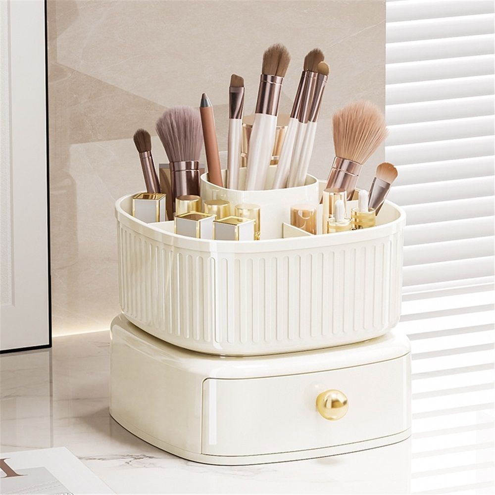 360 Degree Rotatable Pen Holder with Drawer, 5 Slots Office Desk Organizer Pen Holder for Desk Multi-Functional Pencil Box Desktop Stationary Organizer（milky white,Only makeup box available） - Image 4