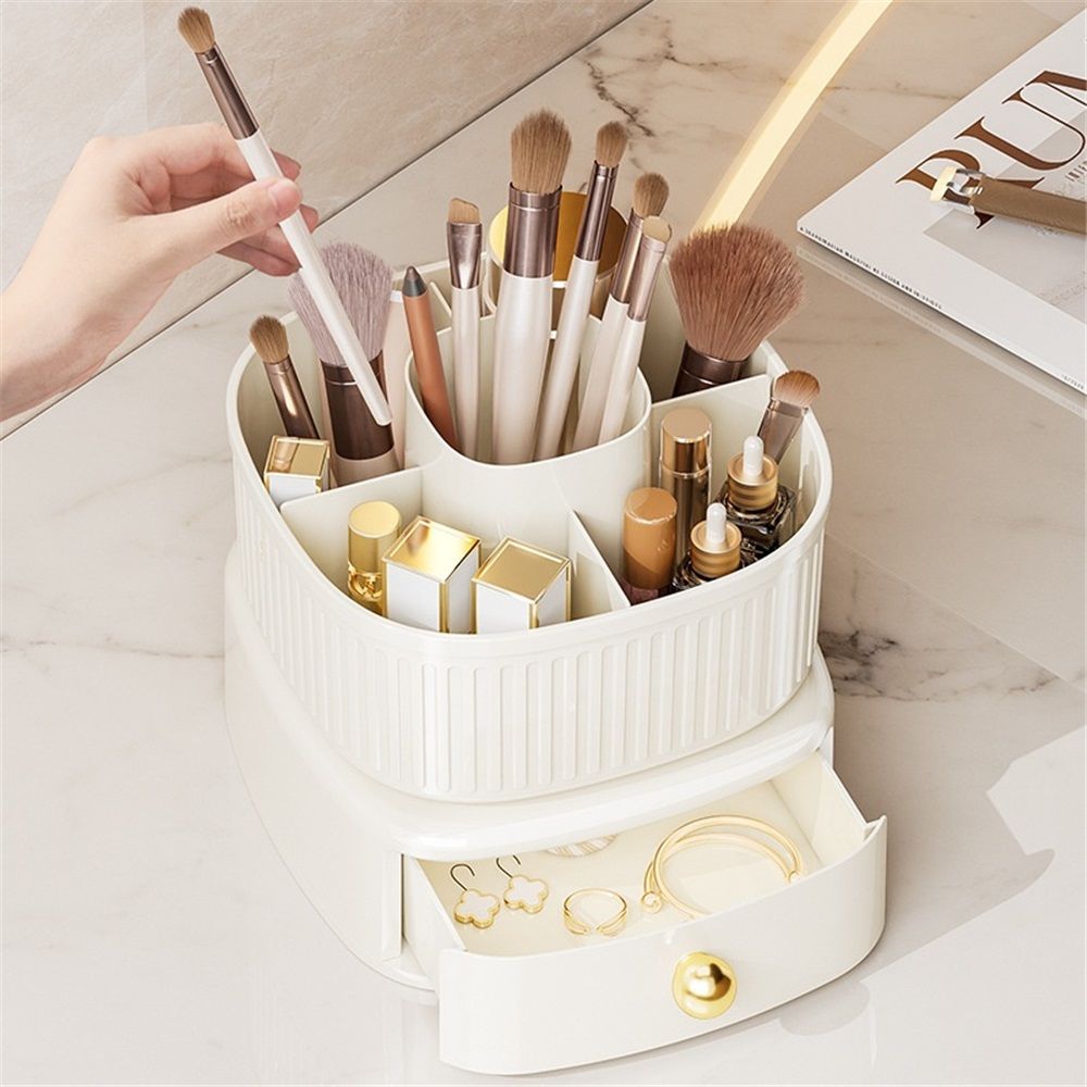 360 Degree Rotatable Pen Holder with Drawer, 5 Slots Office Desk Organizer Pen Holder for Desk Multi-Functional Pencil Box Desktop Stationary Organizer（milky white,Only makeup box available） - Image 5