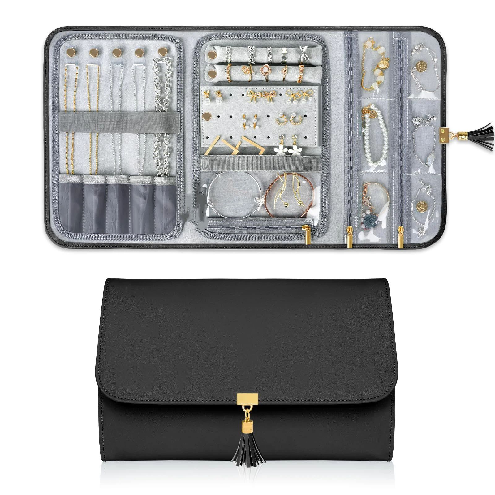 Black Jewelry Organizer, Vegan Leather Big Jewelry Travel Rolls with Clear Pockets, Tangle-Free Necklace Holder for Daily Jewels Earrings Rings Bracelets, Great Gifts for Women（excluding jewelry） - Image 1