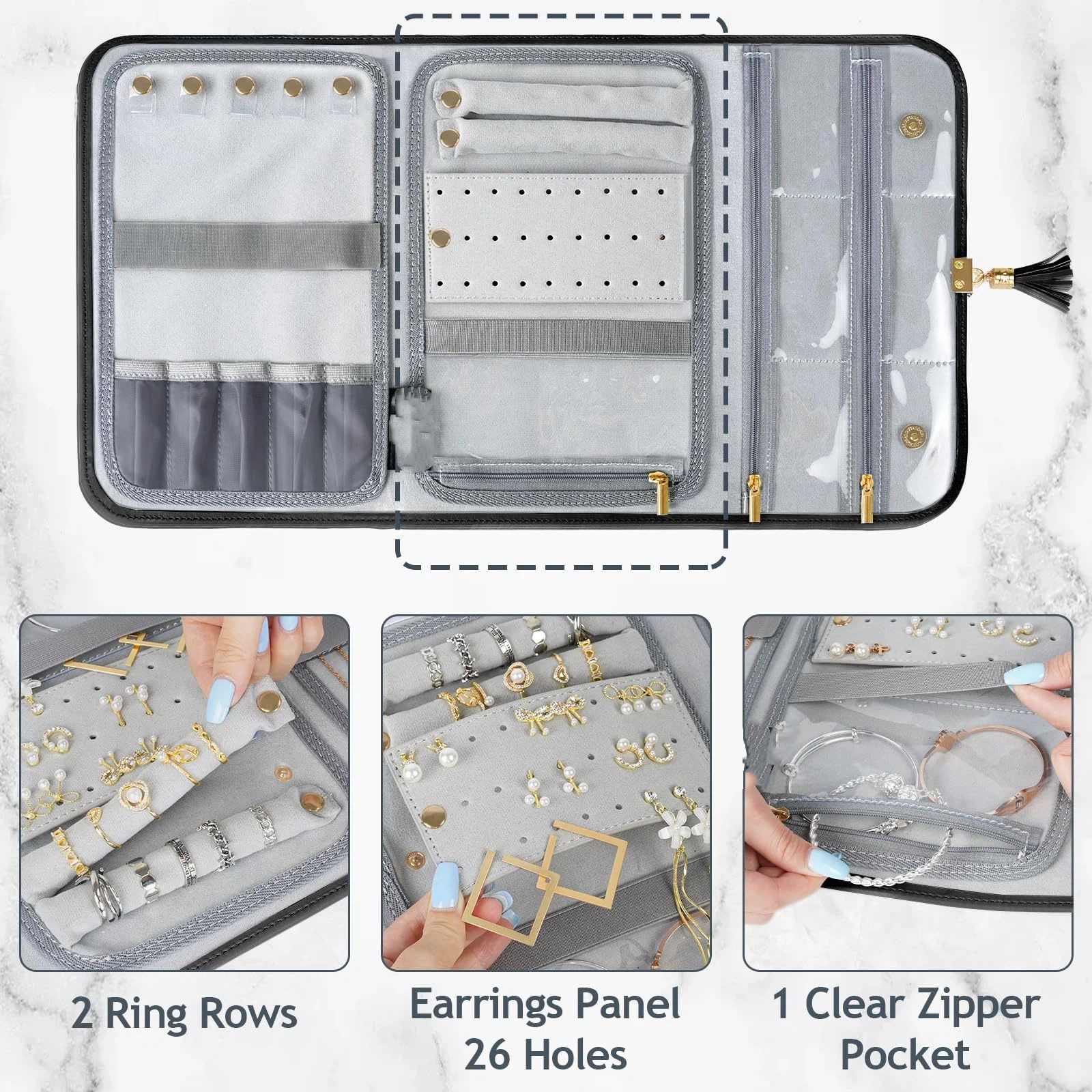 Black Jewelry Organizer, Vegan Leather Big Jewelry Travel Rolls with Clear Pockets, Tangle-Free Necklace Holder for Daily Jewels Earrings Rings Bracelets, Great Gifts for Women（excluding jewelry） - Image 2