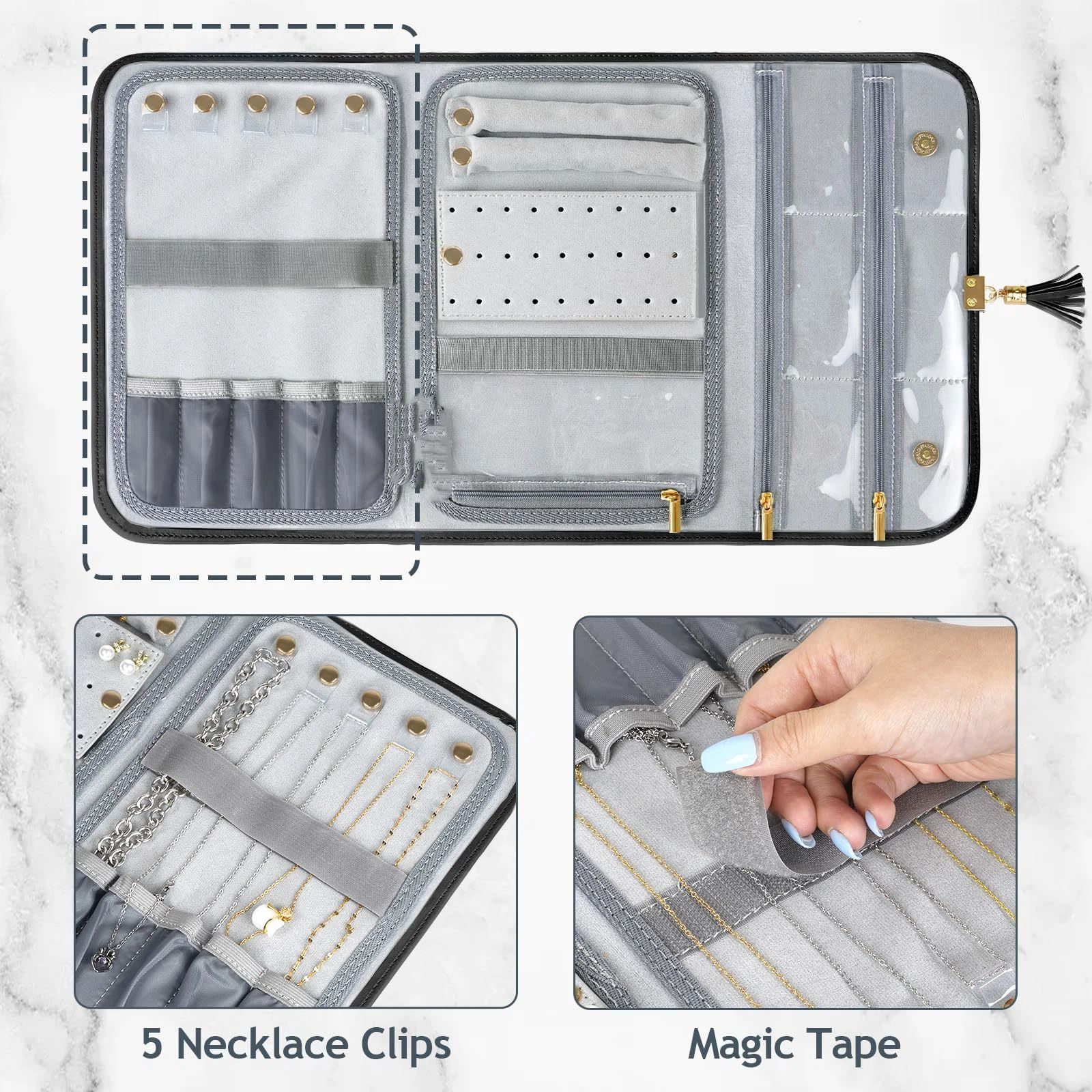 Black Jewelry Organizer, Vegan Leather Big Jewelry Travel Rolls with Clear Pockets, Tangle-Free Necklace Holder for Daily Jewels Earrings Rings Bracelets, Great Gifts for Women（excluding jewelry） - Image 3
