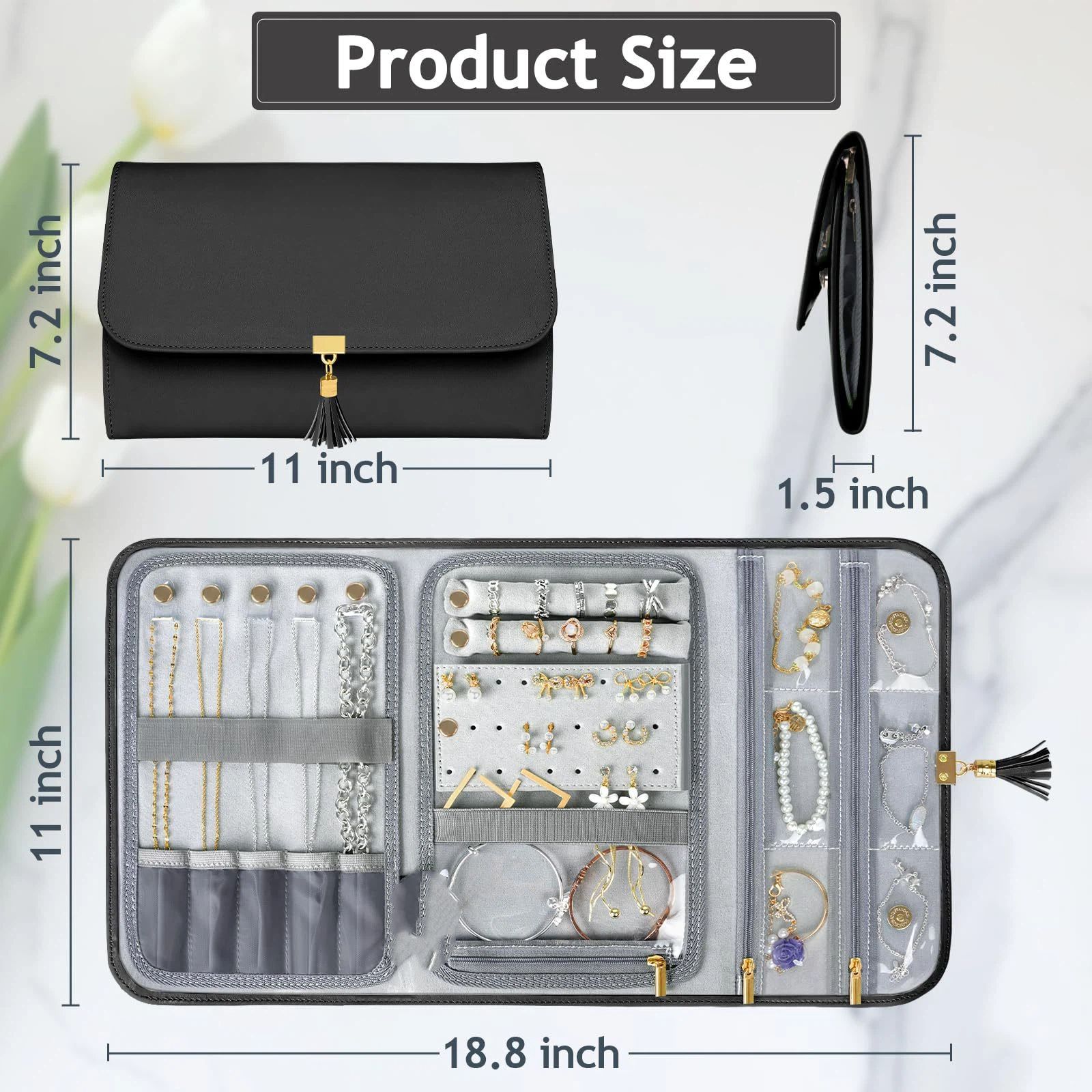 Black Jewelry Organizer, Vegan Leather Big Jewelry Travel Rolls with Clear Pockets, Tangle-Free Necklace Holder for Daily Jewels Earrings Rings Bracelets, Great Gifts for Women（excluding jewelry） - Image 5