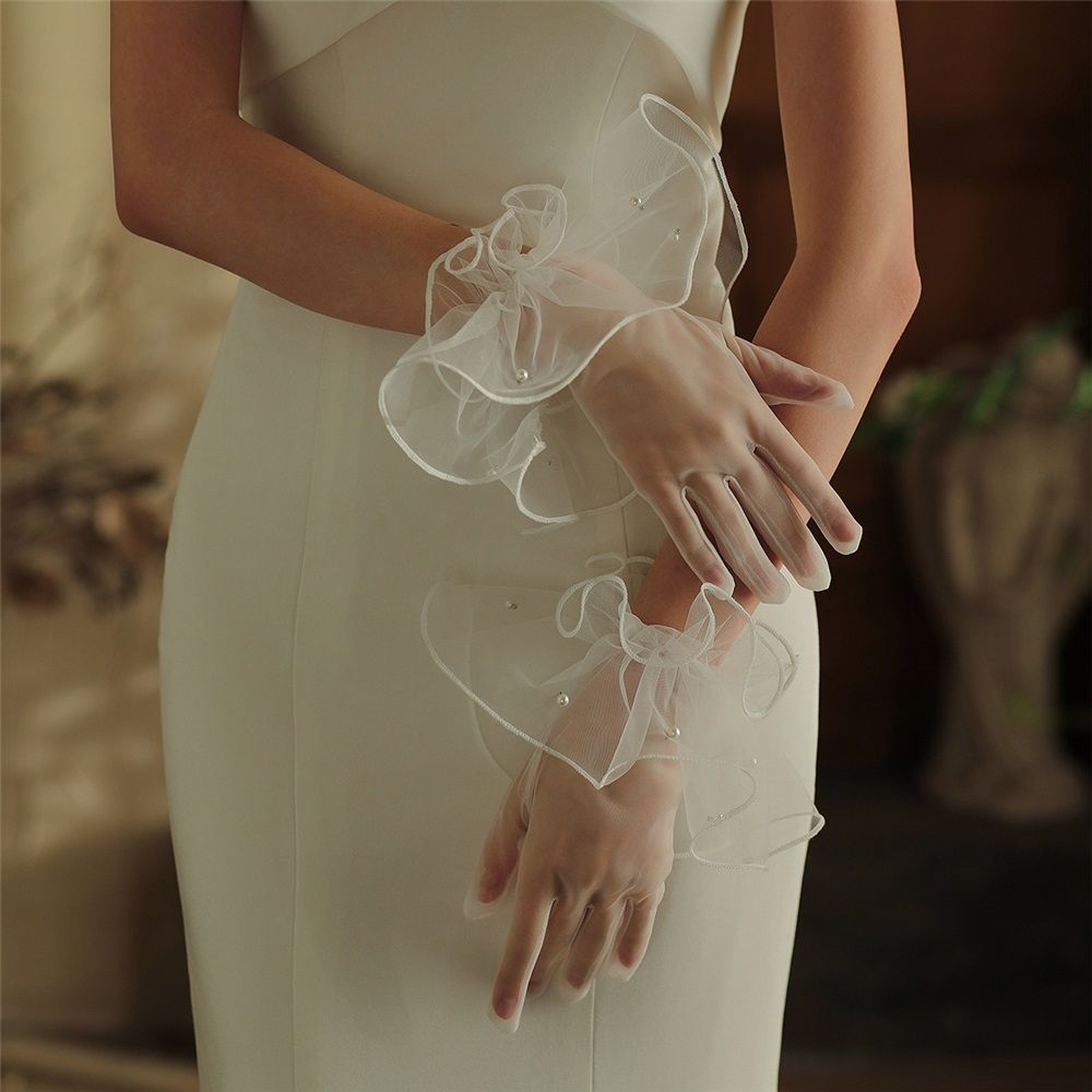 2 set Women's Short Mesh Gloves Ruffled Tulle Tea Party Gloves for Formal Costume Evening Wedding Party - Image 2