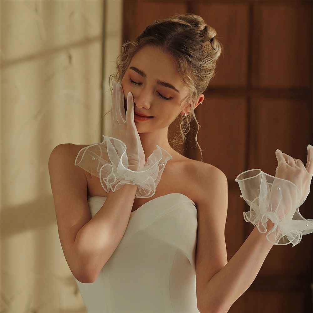 2 set Women's Short Mesh Gloves Ruffled Tulle Tea Party Gloves for Formal Costume Evening Wedding Party - Image 3