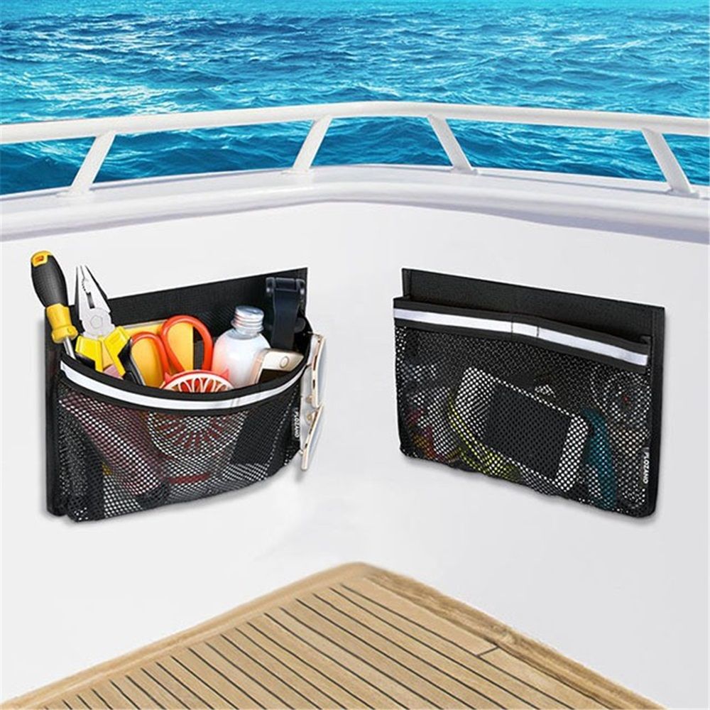 2 pack Heavy Duty Adhesive Mount Closable Boat Storage Bag, Mesh Organizer with Reflective Strips & Hook-and-Loop Fastener for Boat Gear, Fishing Tackle, Home Use(25*34cm) - Image 3
