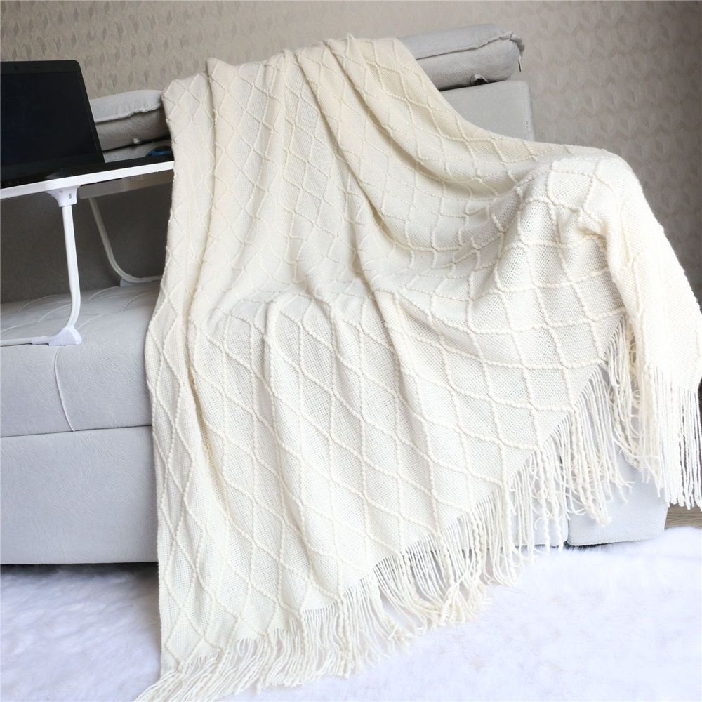 Fluffy Fringe Throw Blanket Lightweight Soft Cozy for Bed Sofa Chair Throw Blankets, Off White 127*182cm - Image 1