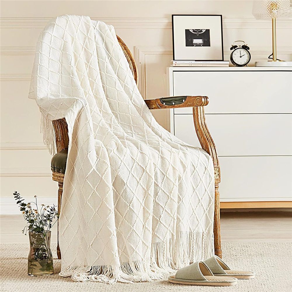 Fluffy Fringe Throw Blanket Lightweight Soft Cozy for Bed Sofa Chair Throw Blankets, Off White 127*182cm - Image 2