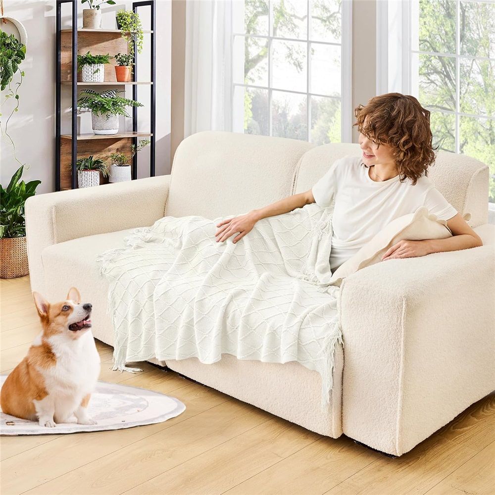 Fluffy Fringe Throw Blanket Lightweight Soft Cozy for Bed Sofa Chair Throw Blankets, Off White 127*182cm - Image 3