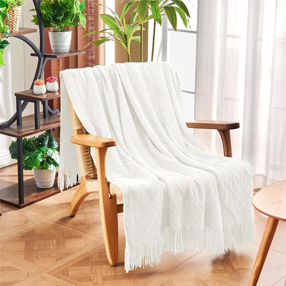 Fluffy Fringe Throw Blanket Lightweight Soft Cozy for Bed Sofa Chair Throw Blankets, Off White 127*182cm - Image 4