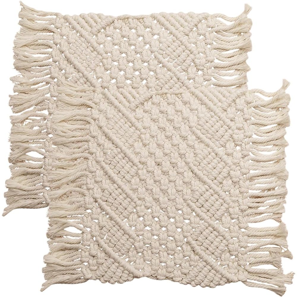 2 pack Handmade Cotton Woven Crochet Placemat with Tassels, 10 x12 Inches Small Place Mat for Bohemian Wedding Décor, Boho Table Mat for Farmhouse, Rustic Décor for Dining Table, Beige - Image 1