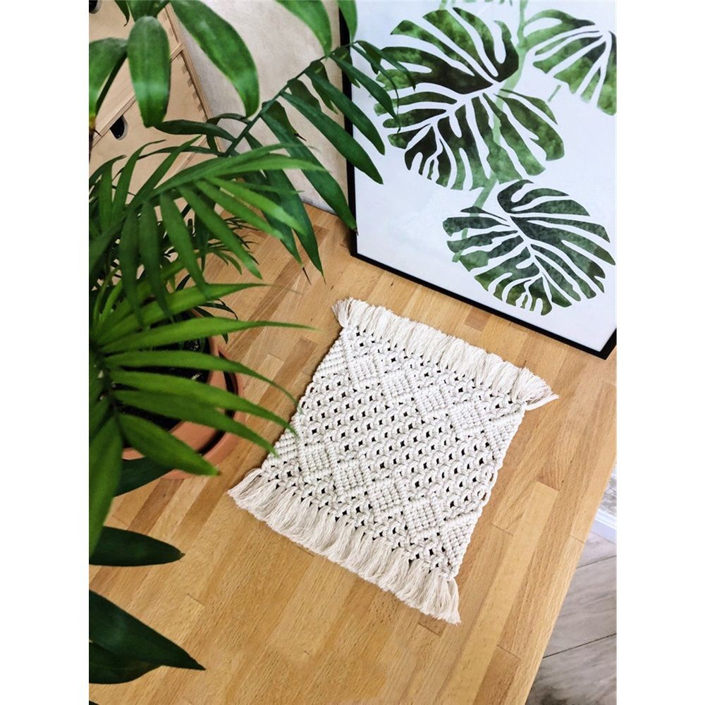 2 pack Handmade Cotton Woven Crochet Placemat with Tassels, 10 x12 Inches Small Place Mat for Bohemian Wedding Décor, Boho Table Mat for Farmhouse, Rustic Décor for Dining Table, Beige - Image 3