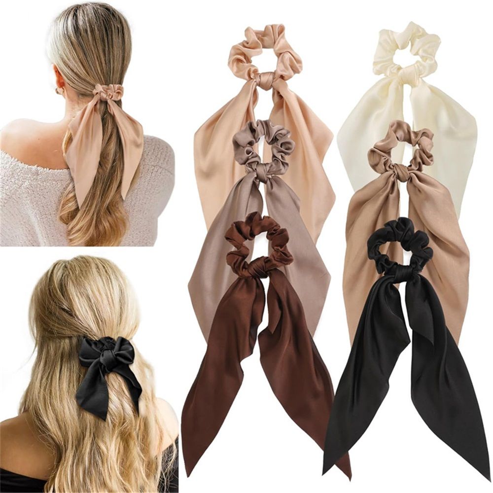 6 PCS Hair Scarf Scruncheis for Women Knotted Bow Hair Ties Elastic Bands Satin Hair Ribbon Scrunchy Ponytail Holder for Women and Girls（six different colors） - Image 1
