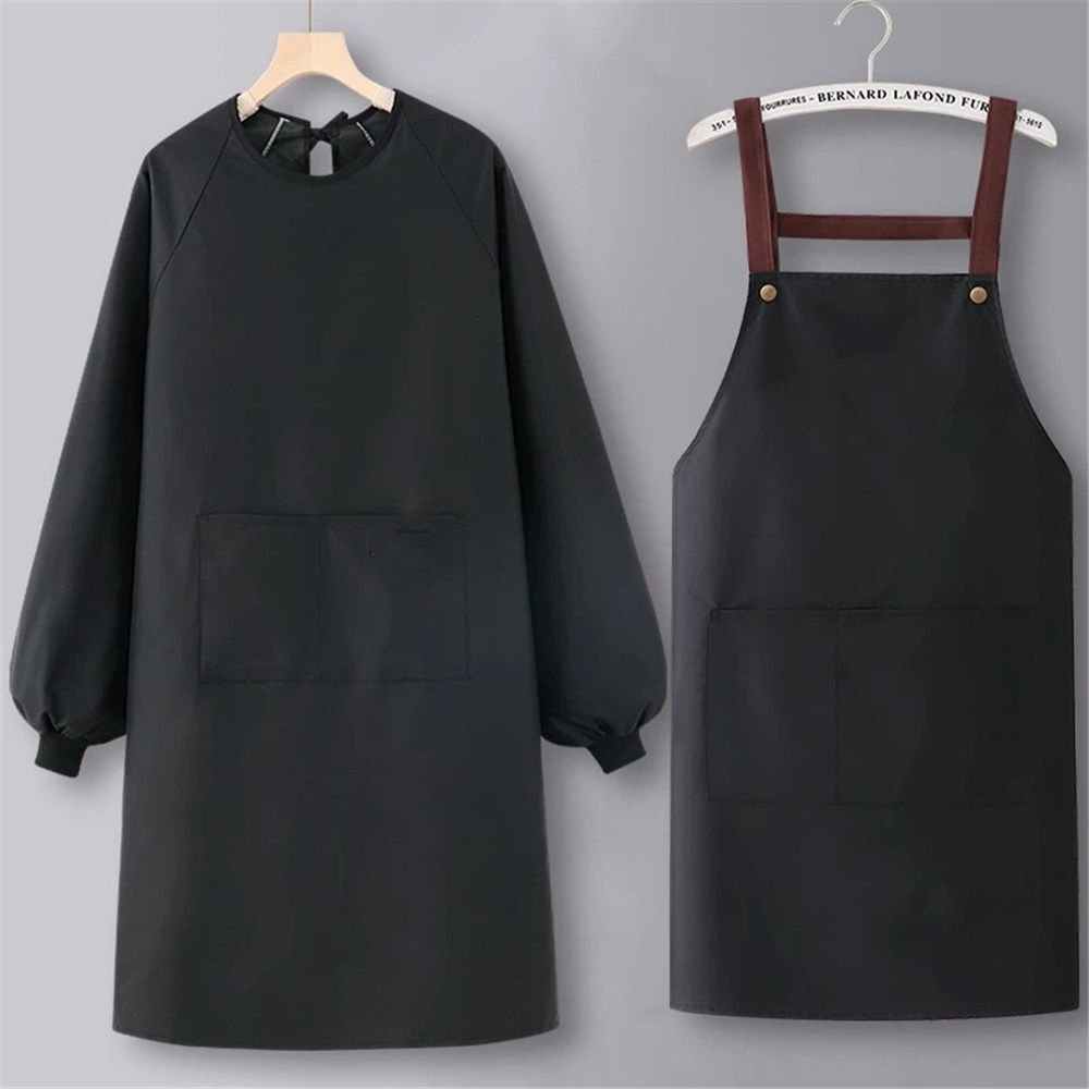 2 pack Solid Color Kitchen Apron with Pockets,Unisex Long Sleeves Waterproof Apron for Cooking Baking Cleaning Work - Image 1