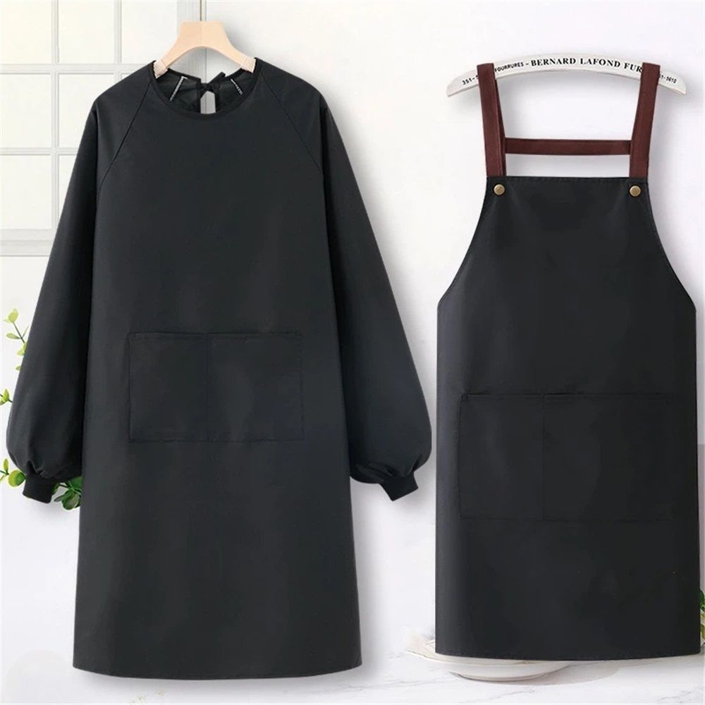 2 pack Solid Color Kitchen Apron with Pockets,Unisex Long Sleeves Waterproof Apron for Cooking Baking Cleaning Work - Image 2