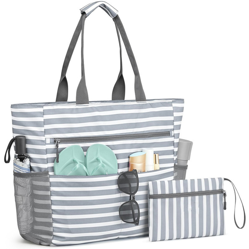 Gray Striped Beach Bag - Spacious Lightweight Tote for Travel, Pool & Vacation
English Description: - Image 1
