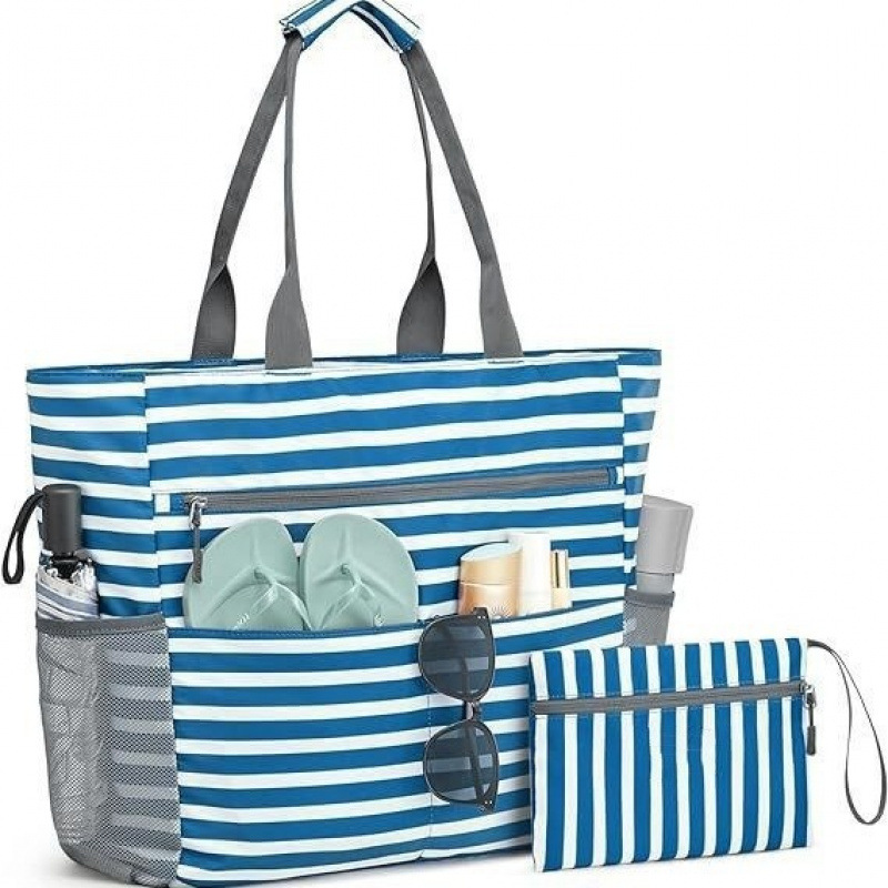 Blue Striped Beach Bag - Spacious Lightweight Tote for Travel, Pool & Summer Getaways - Image 1
