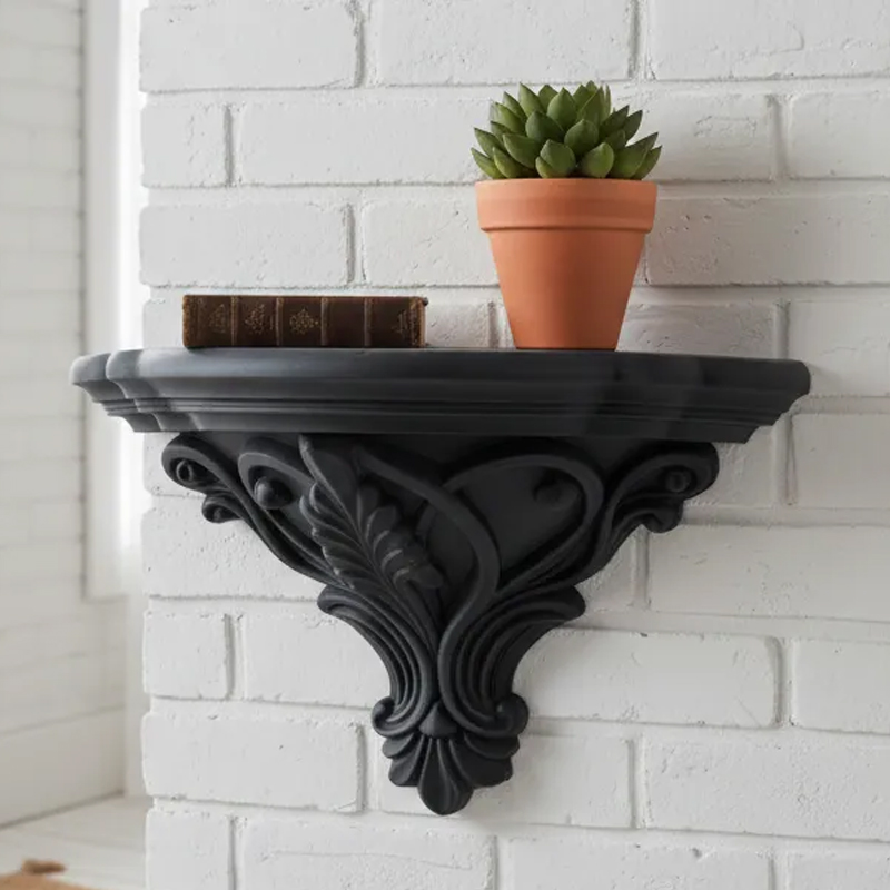 3D Printed Art Nouveau Corner Shelf - Decorative Stand, Black - Image 1