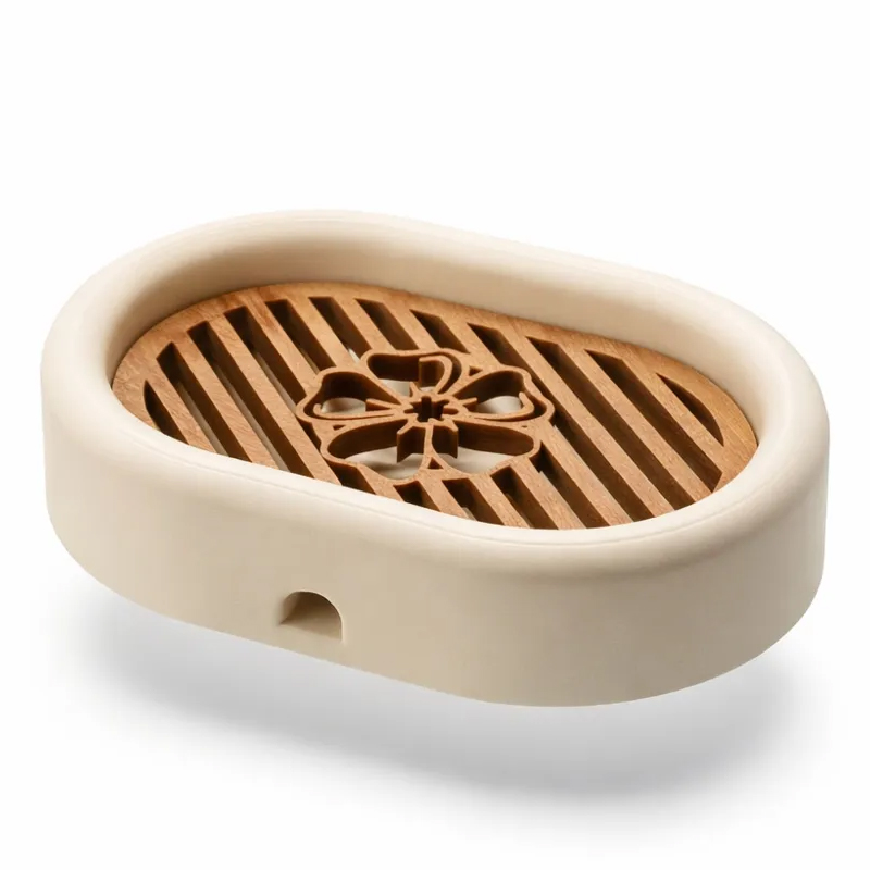 3D-printed oval soap dish with drain rack, white and wood-look. - Image 1