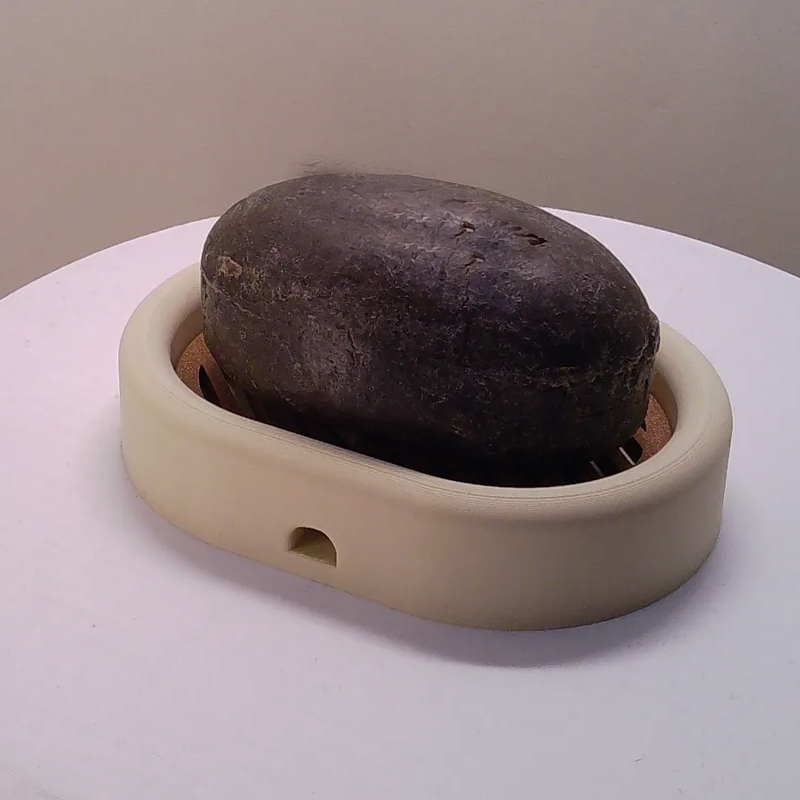 3D-printed oval soap dish with drain rack, white and wood-look. - Image 3