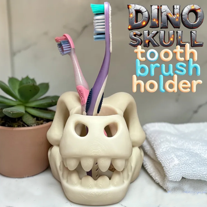 3D-printed dinosaur skull toothbrush holder, white - Image 1