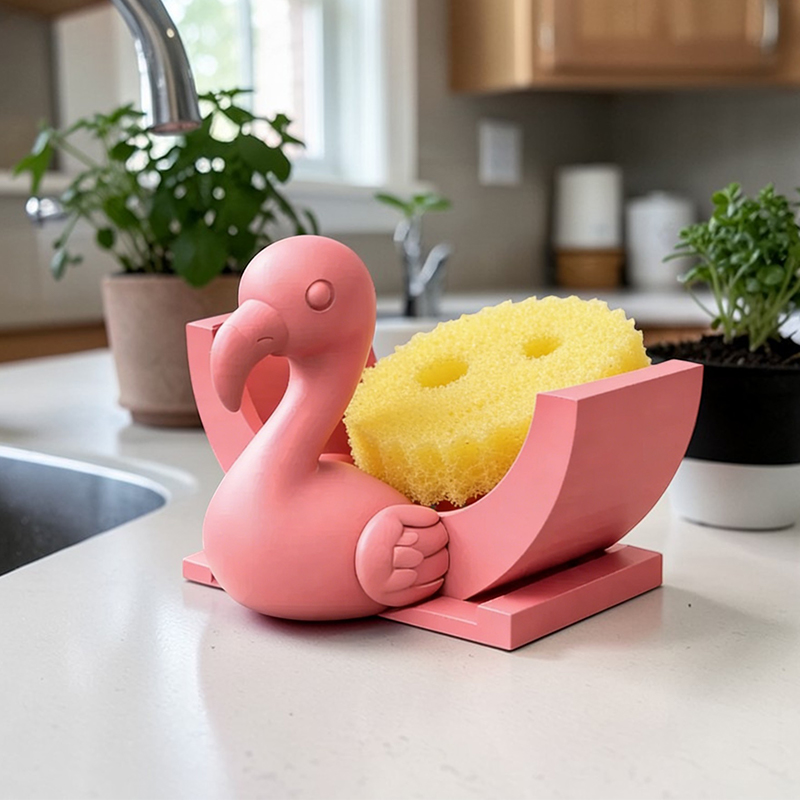 3D Printed Flamingo Sponge Stand with Draining Function, Pinkfunction - Image 1