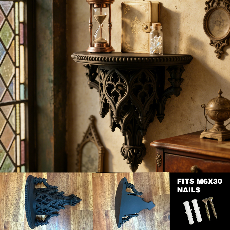Lightweight 3D-printed scroll wall shelf, black, with m6x30 nails. - Image 1