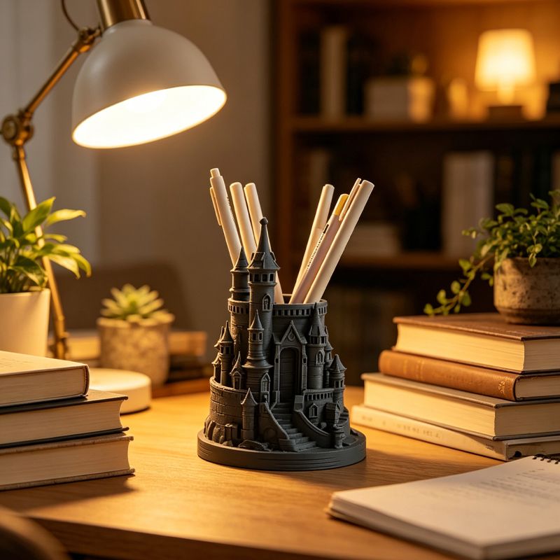 3D Printed Pen Castle Desktop Organizer, Black - Image 1