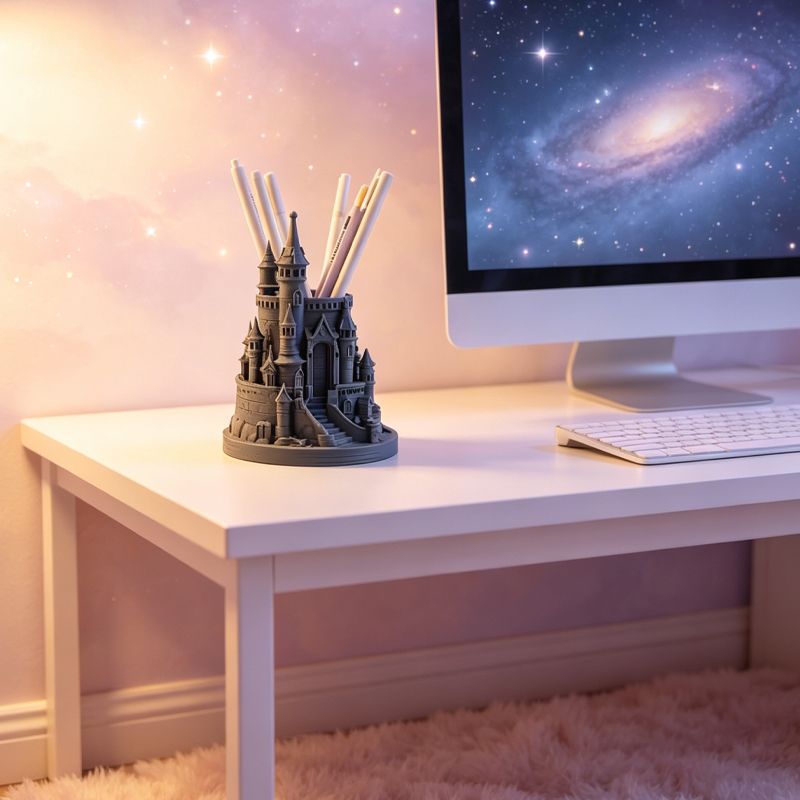 3D Printed Pen Castle Desktop Organizer, Black - Image 2