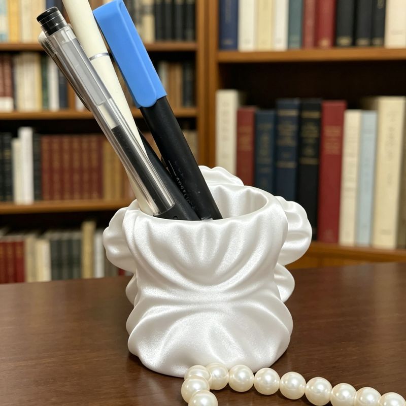3D printed silk flower pen holder, white silk - Image 3