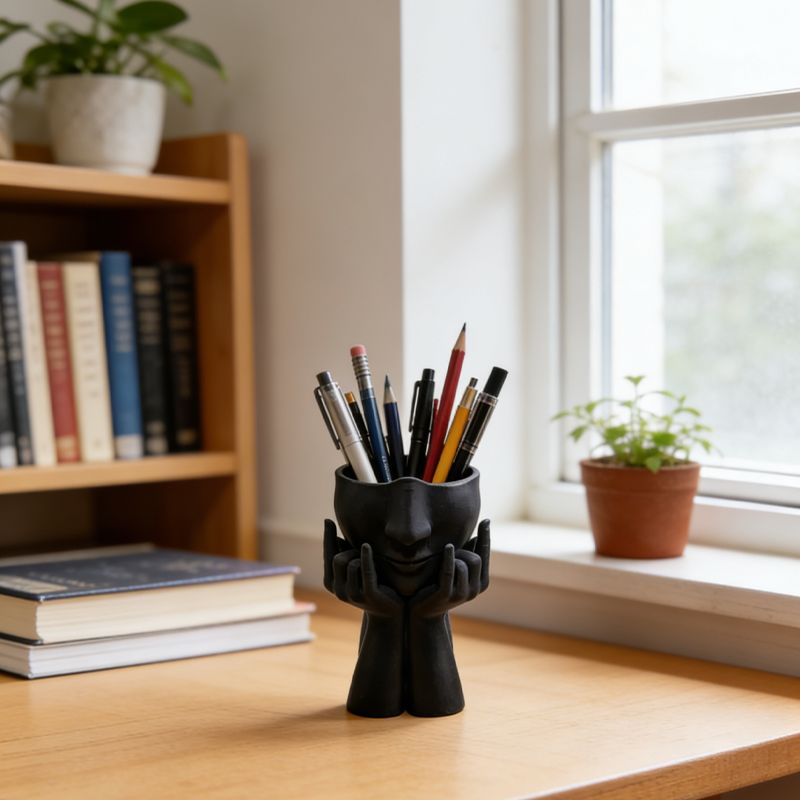 3D-printed rock face vase or office organizer, black. - Image 1