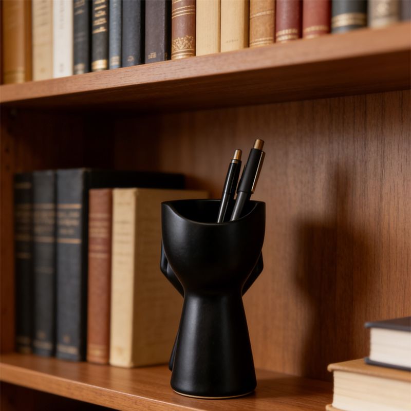 3D-printed rock face vase or office organizer, black. - Image 3