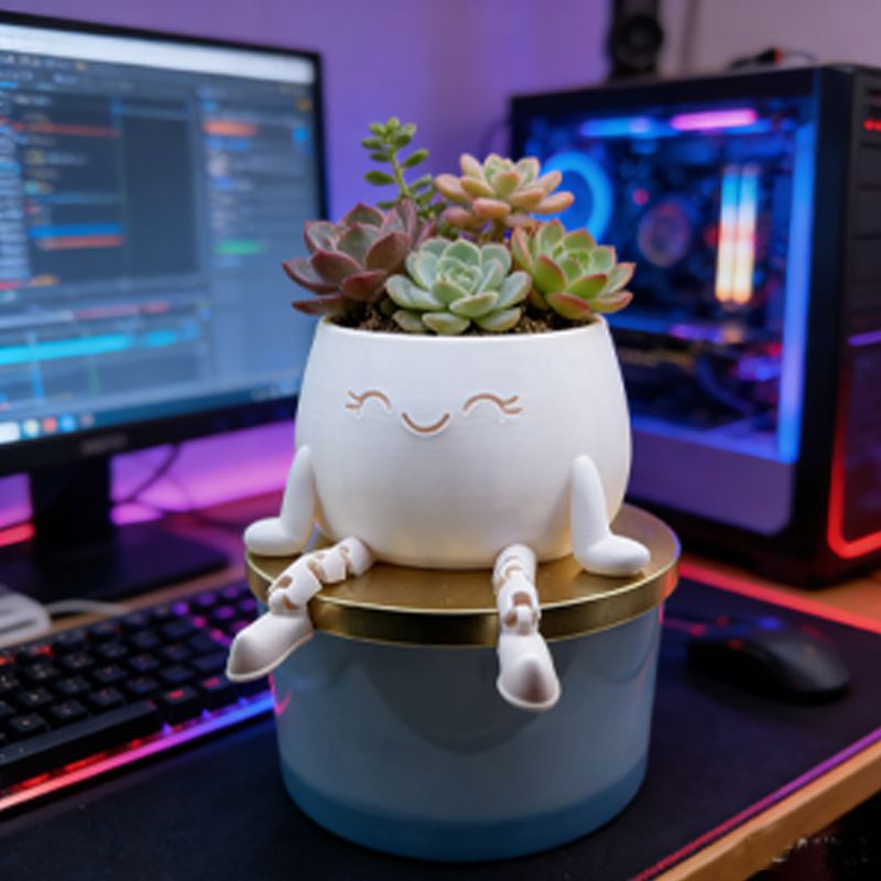 3D-printed sitting flower pot, white - Image 1