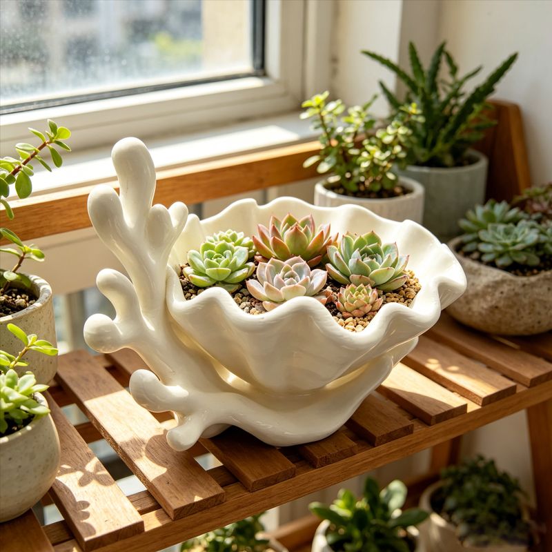 3D-printed coastal coral and clam shell succulent planter pot, white - Image 1