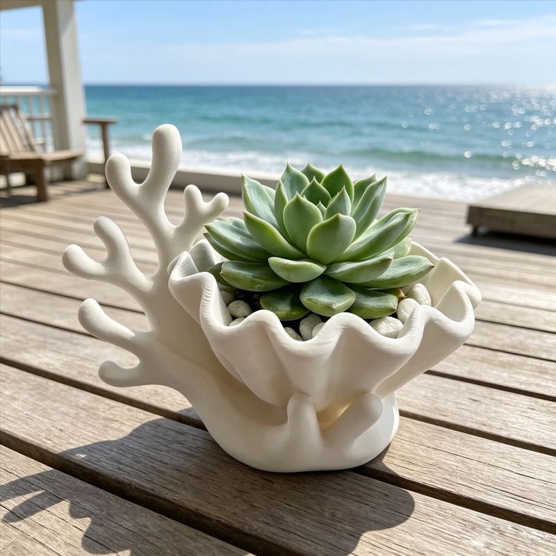 3D-printed coastal coral and clam shell succulent planter pot, white - Image 2