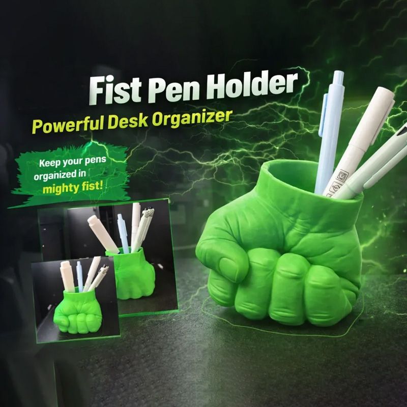 3D Printed Fist-Shaped Pen Holder, Powerful Desktop Organizer, Green - Image 1