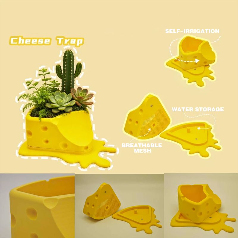 3D Printed Cheese Trap Bonsai, Creative Succulent Potted Planter, Yellow - Image 1