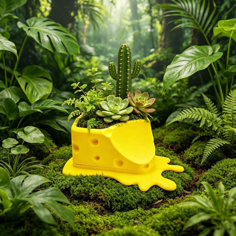 3D Printed Cheese Trap Bonsai, Creative Succulent Potted Planter, Yellow - Image 2