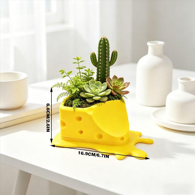 3D Printed Cheese Trap Bonsai, Creative Succulent Potted Planter, Yellow - Image 3